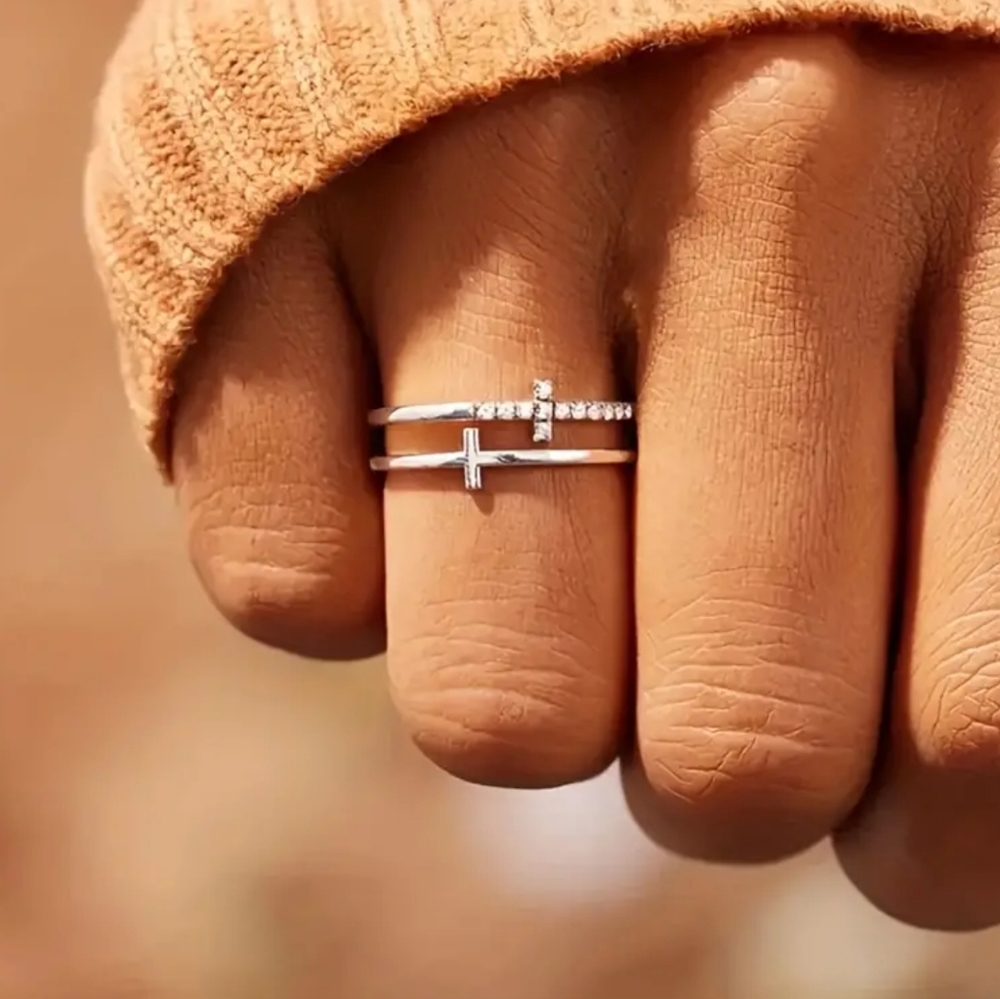 18K White Gold Double cross Wrap Ring Delicate Dainty sz 7